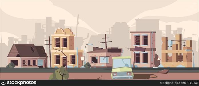 Apocalypse damaged city. Urban landscape with destroyed houses decay trouble buildings catastrophe vector concept. Damage building, damaged and trouble apocalypse, ruin collapse illustration. Apocalypse damaged city. Urban landscape with destroyed houses decay trouble buildings catastrophe vector concept
