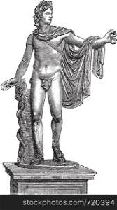 Apollo Belvedere or Apollo of the Belvedere or Pythian Apollo in Vatican City, vintage engraving. Old engraved illustration of the statue of Apollo Belvedere.