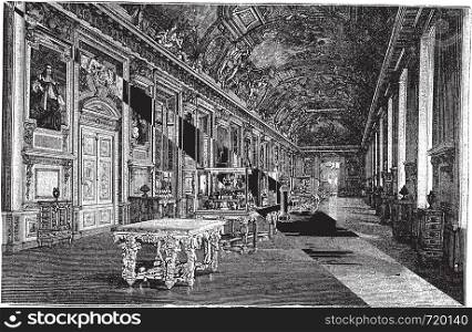 Apollo Gallery at Louvre Museum in Paris, France, during the 1890s, vintage engraving. Old engraved illustration of Apollo Gallery.