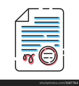 Apostilles and document legalization services color icon. Professional translation. Legal validation. Notarized document. Signed document with stamp. Translator license. Isolated vector illustration