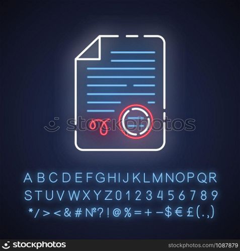 Apostilles and document legalization services neon light icon. Legal validation. Notarized document. Translator license. Glowing sign with alphabet, numbers and symbols. Vector isolated illustration