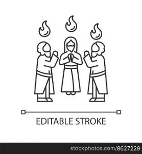 Apostles with holy tongues of fire linear icon. Pentecost celebration. Men stand in circle and pray. Thin line illustration. Contour symbol. Vector outline drawing. Editable stroke. Arial font used. Apostles with holy tongues of fire linear icon