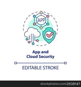 App and cloud security concept icon. Tech skill in demand abstract idea thin line illustration. Cloud-based software. Isolated outline drawing. Editable stroke. Arial, Myriad Pro-Bold fonts used. App and cloud security concept icon