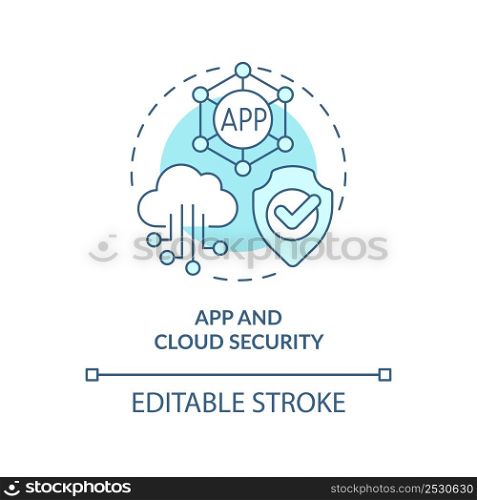 App and cloud security turquoise concept icon. Tech skill in demand abstract idea thin line illustration. Software. Isolated outline drawing. Editable stroke. Arial, Myriad Pro-Bold fonts used. App and cloud security turquoise concept icon