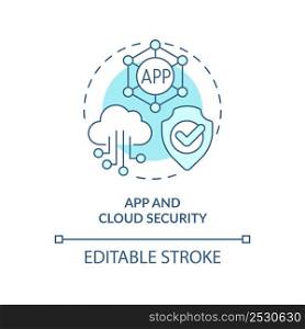App and cloud security turquoise concept icon. Tech skill in demand abstract idea thin line illustration. Software. Isolated outline drawing. Editable stroke. Arial, Myriad Pro-Bold fonts used. App and cloud security turquoise concept icon