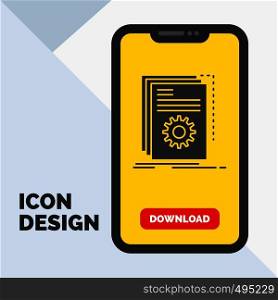 App, build, developer, program, script Glyph Icon in Mobile for Download Page. Yellow Background. Vector EPS10 Abstract Template background