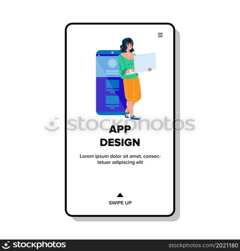 App Design Creating Young Woman Designer Vector. App Design Create Girl On Laptop Computer. Character Lady Creation Interface For Smartphone Application Web Flat Cartoon Illustration. App Design Creating Young Woman Designer Vector