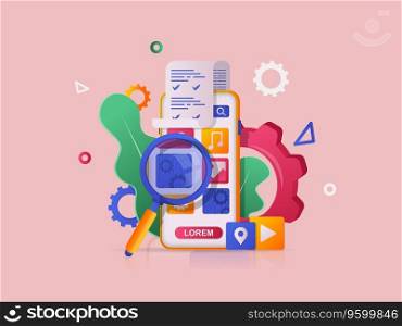 App development concept 3D illustration. Icon composition with smartphone with user interface, mobile programs signs o screen, software analysis and testing. Vector illustration for modern web design