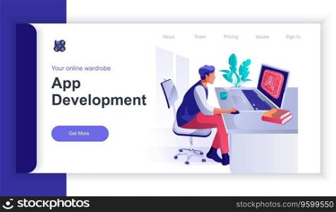 App development concept 3d isometric web banner with people scene. Man works at laptop in office, creates interface layout for application. Vector illustration for landing page and web template design