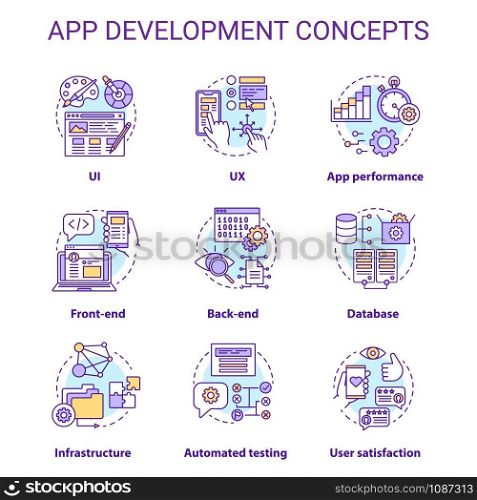 App development concept icons set. Software programming idea thin line illustrations. UI, UX design. Front-end, back-end. App performance management. Vector isolated outline drawings. Editable stroke