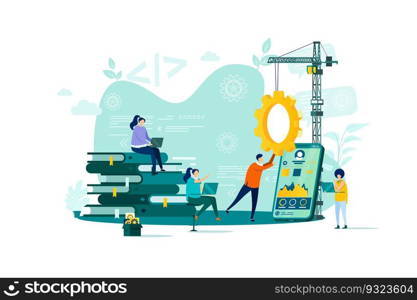 App development concept in flat style. Developers team creating mobile app scene. UI, UX design, engineering and programming web banner. Vector illustration with people characters in work situation.. App development concept in flat style.