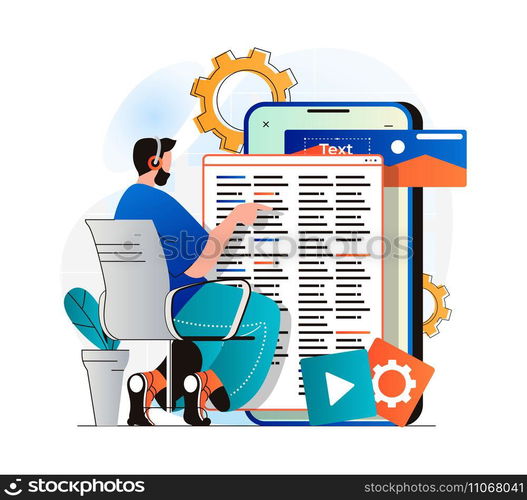 App development concept in modern flat design. Man developer coding code, ui layout design, creates software for mobile phone. Programmer customizes, testing, optimizes programs. Vector illustration