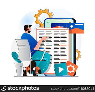 App development concept in modern flat design. Man developer coding code, ui layout design, creates software for mobile phone. Programmer customizes, testing, optimizes programs. Vector illustration