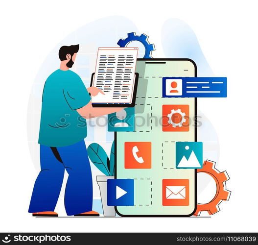 App development concept in modern flat design. Programmer coding program code, programming and testing software. Developer places buttons at layout of application mobile screen. Vector illustration