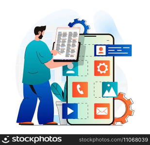 App development concept in modern flat design. Programmer coding program code, programming and testing software. Developer places buttons at layout of application mobile screen. Vector illustration