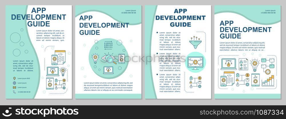 App development guide brochure template. Flyer, booklet, leaflet print, cover design, linear illustrations. Mobile programming. Vector page layouts for magazines, annual reports, advertising posters