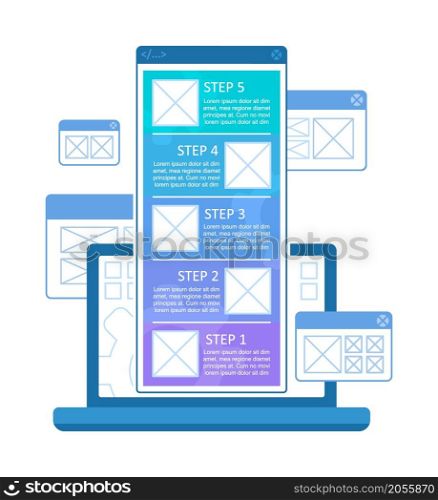 App development infographic chart design template. Software for mobile. Abstract vector infochart with blank copy spaces. Instructional graphics with 5 step sequence. Visual data presentation. App development infographic chart design template