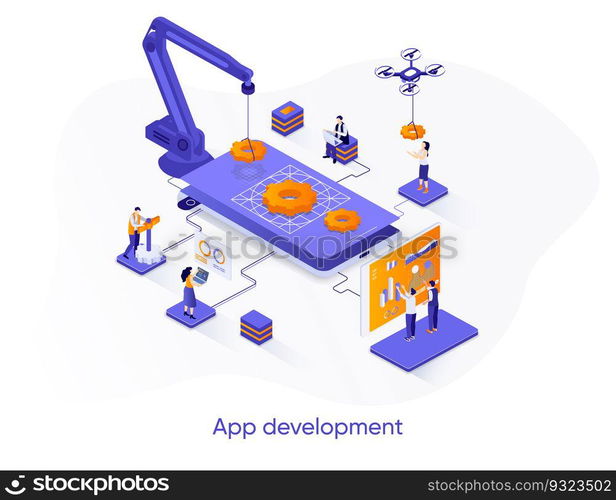 App development isometric web banner. Mobile application design, full stack programming isometry concept. Software development 3d scene, digital technology flat design. Vector illustration with people