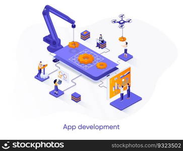 App development isometric web banner. Mobile application design, full stack programming isometry concept. Software development 3d scene, digital technology flat design. Vector illustration with people