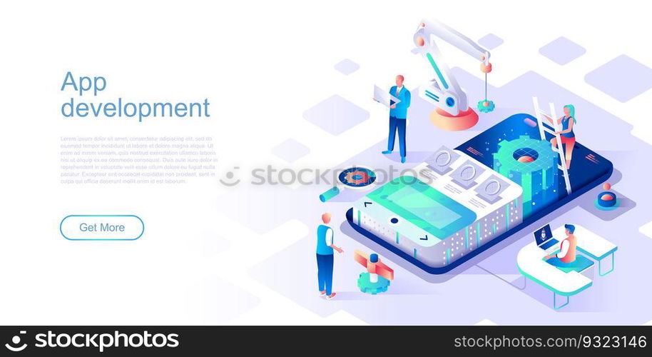 App development landing page vector template. Mobile device software programming website header UI layout with isometric illustration. Gadget application coding web banner isometry concept