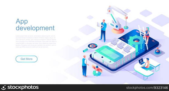 App development landing page vector template. Mobile device software programming website header UI layout with isometric illustration. Gadget application coding web banner isometry concept