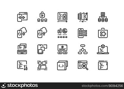 App development line icons. Software coding, front and backend development, UI layout and performance optimization. Vector editable stroke collection of programming app icons illustration. App development line icons. Software coding, front and backend development, UI layout and performance optimization. Vector editable stroke collection