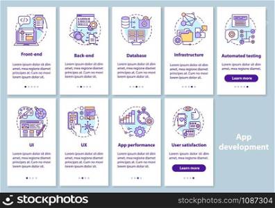 App development onboarding mobile app page screen with linear concepts. Mobile device software programming walkthrough steps graphic instructions. UX, UI, GUI vector template with illustrations