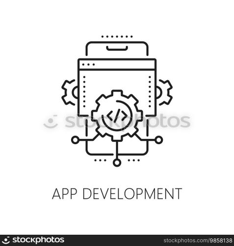 App development, web app develop and optimization icon. Phone application thin line symbol, computer program or service development, web network software develop outline vector pictogram or icon. Web app development and optimization line icon