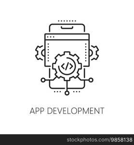 App development, web app develop and optimization icon. Phone application thin line symbol, computer program or service development, web network software develop outline vector pictogram or icon. Web app development and optimization line icon