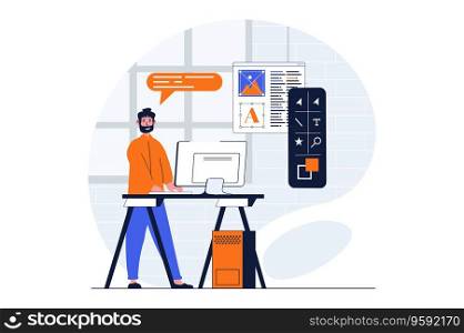 App development web concept with character scene. Man programming, working with tools for creating mobile app. People situation in flat design. Vector illustration for social media marketing material.