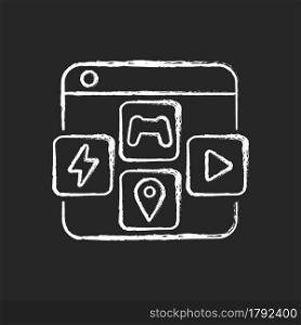 App distribution platforms chalk white icon on dark background. Applications for mobile devices. Promoting app usage. Distributing to global audience. Isolated vector chalkboard illustration on black. App distribution platforms chalk white icon on dark background