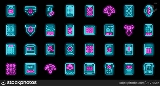 App for menstruation icons set outline vector. Period tracker. Pms woman neon color on black. App for menstruation icons set vector neon