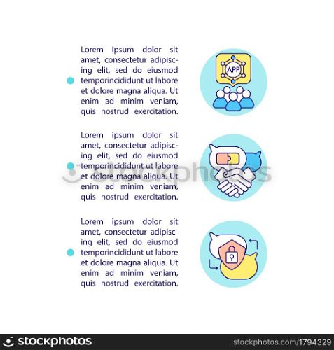 App for safe chatting concept line icons with text. PPT page vector template with copy space. Brochure, magazine, newsletter design element. Messaging software linear illustrations on white. App for safe chatting concept line icons with text