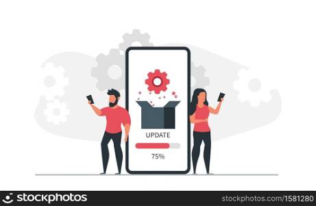 App installation and update by man and woman via phone. People and mobile application concept vector illustration