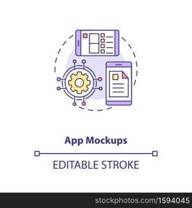 App mockups concept icon. UI and UX design steps. Modern easy to use interface design creation process idea thin line illustration. Vector isolated outline RGB color drawing. Editable stroke. App mockups concept icon