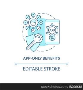App-only benefits blue concept icon. Mobile app bonuses for loyal clients abstract idea thin line illustration. Online rewaed system. Vector isolated outline color drawing. Editable stroke. App-only benefits blue concept icon