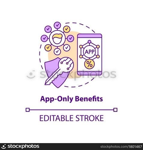 App-only benefits concept icon. Mobile app bonuses for loyal clients abstract idea thin line illustration. Online reward system. Vector isolated outline color drawing. Editable stroke. App-only benefits concept icon