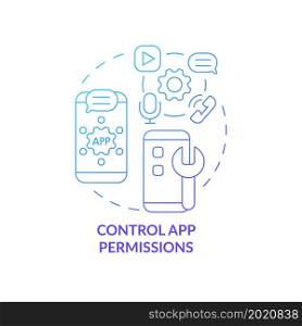 App permissions control setup blue concept icon. Setting application to protect personal information abstract idea thin line illustration. Data protection. Vector isolated outline color drawing. App permissions control setup blue concept icon