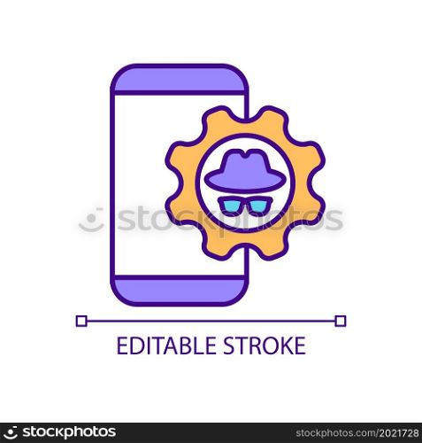 App privacy settings configuration RGB color icon. Mobile device protection online. Personal information safety. Isolated vector illustration. Simple filled line drawing. Editable stroke. App privacy settings configuration RGB color icon