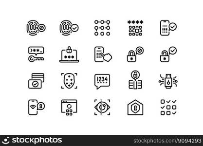 App security line icons. Face detection, pin-code and password, eyeball and fingerprint scan electronic key. Vector editable collection of recognition id, scan code and fingerprint illustration. App security line icons. Face detection, pin-code and password, eyeball and fingerprint scan, physical and electronic access key. Vector editable stroke collectio