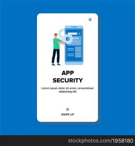 App Security Protect Personal Information Vector. Man Using App Security For Safe Data And Privacy Info On Electronic Gadget. Character Protection Application Web Flat Cartoon Illustration. App Security Protect Personal Information Vector