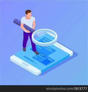 App tester. Isometric man testing mobile app. Man with magnifying glass looks at screen of smartphone vector illustration. Software tester app, man development and testing. App tester. Isometric man testing mobile app. Man with magnifying glass looks at screen of smartphone vector illustration