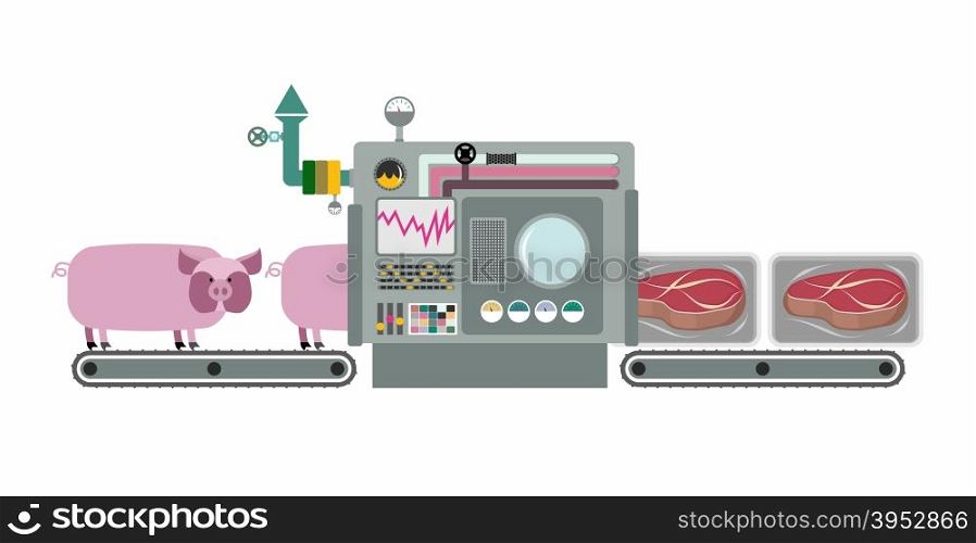 Apparatus for cooking cuts of meat: steak. Machine production processing pigs meat. Infographics complex system with buttons and sensors. Steak in a package. Vector illustration&#xA;&#xA;