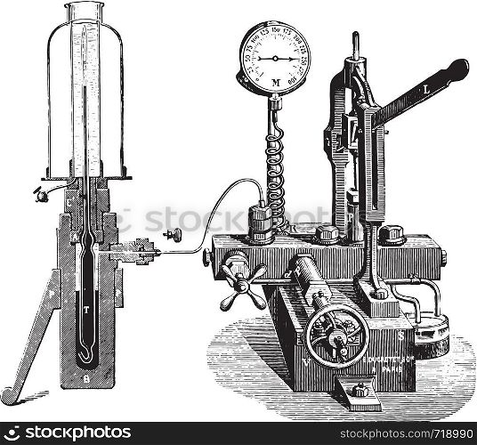 Apparatus for gas liquefaction, vintage engraved illustration. Industrial encyclopedia E.-O. Lami - 1875.