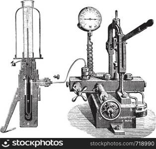 Apparatus for gas liquefaction, vintage engraved illustration. Industrial encyclopedia E.-O. Lami - 1875.