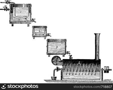 Apparatus for the manufacture of dextrin by diastase, vintage engraved illustration. Industrial encyclopedia E.-O. Lami - 1875.