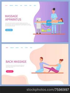 Apparatus massage for back of lying woman with towel, cosmetics under table and siting doctor stretching client on floor. Relaxation of body vector. Apparatus and Back Massage for Woman Web Vector