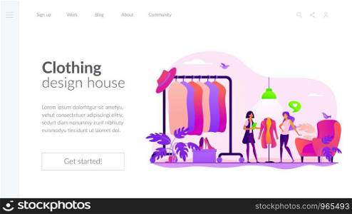 Apparel designer, shopper and seller consultant. Vogue industry, wardrobe update. Fashion house, clothing design house, fashion production concept. Website homepage header landing web page template.. Fashion house landing page template