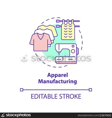 Apparel manufacturing concept icon. Garment production. Business subsector abstract idea thin line illustration. Isolated outline drawing. Editable stroke. Arial, Myriad Pro-Bold fonts used. Apparel manufacturing concept icon