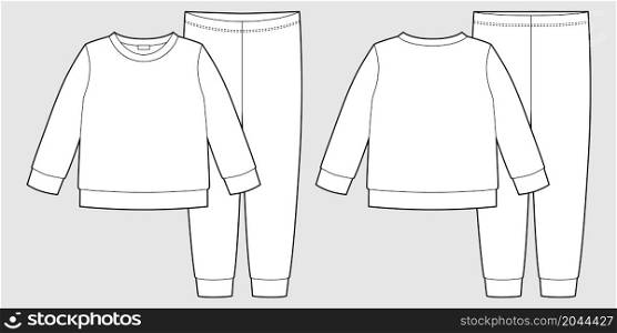 Apparel pajamas technical sketch. Childrens cotton sweatshirt and pants. Kids outline nighwear design template. Front and back view. CAD fashion vector illustration. Apparel pajamas technical sketch. Childrens cotton sweatshirt and pants. Kids outline nighwear design template